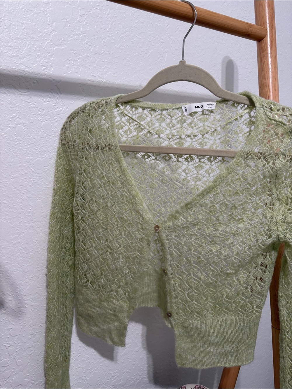 Mango Light Green Openwork V-Neck Cardigan